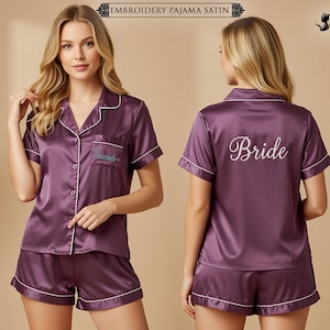 Customized Embroidered Satin Pajama Set – Personalized Bridal Sleepwear for women | Bride & Bridesmaid Gift – Wedding Party PJs Wedding Gift