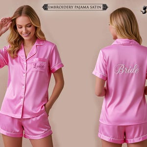 Personalized Bridal Monogrammed Pjs for women Customized Embroidered Satin Pajama Set Bride & Bridesmaid Gift Wedding Party PJs Wedding Gift