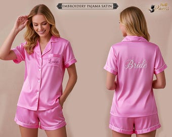 Personalized Bridal Monogrammed Pjs for women Customized Embroidered Satin Pajama Set Bride & Bridesmaid Gift Wedding Party PJs Wedding Gift
