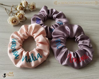 Personalized Satin Scrunches, Embroidery Scrunchies, Bridesmaid Gifts, Satin Scrunchies, Custom Name Satin Scrunchies, Custom Scrunchies