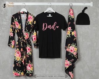 Maternity Gifts Soft Maternity Floral Robe Rayon Floral Printed Maternity Robes, Matching Mom Robe and Dad T-shirt Set, Baby Shower Gifts
