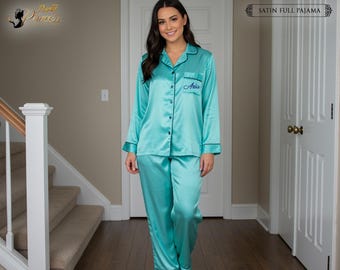Personalized Satin Pajamas Set, Custom Name & Logo PJ Set, Bridesmaid Gift, Bridal Party Wear, Wedding Morning Outfit Honeymoon Gift for Her
