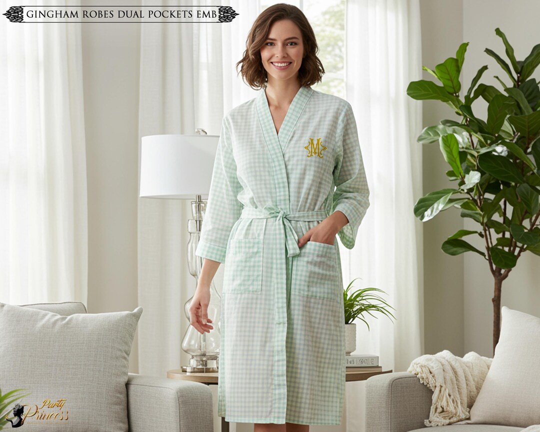 Gingham Robe Custom Embroidery Dual Pocket Gingham Robe for Women, Personalized ...