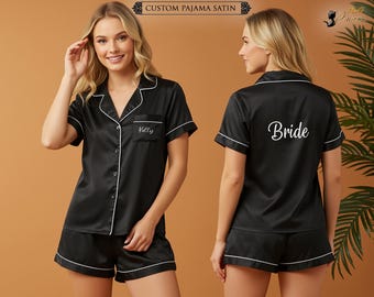 Bridal Party Satin Pajama Set Bridesmaid Proposal Gift, Custom Name PJs for Bachelorette & Wedding Morning Pjs Personalized Satin Pajama Set