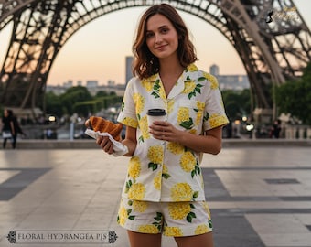 Floral Print Pajamas Hydrangea Print Short Pajamas Rayon Women Hydrangea Pajama Set Women Matching Pajamas Bridesmaid Pajama Gift for Her