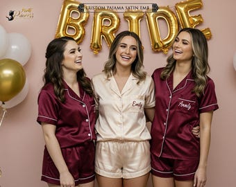 Bridesmaid Pajamas Embroidery Pajama Sets Bridal Party PJ Set Personalized Bachelorette Party Gift Custom Short Pyjamas Set Bridesmaids Gift