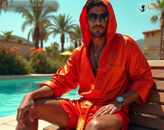Personalized Men's Robes, Hooded Satin Robes with Boxer, Groomsmen Robes, Gift for Him, Gift for Honeymoon, Gift for Groom, Robe with Hoodie