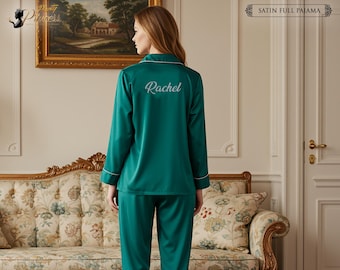 Custom Satin Full Pajama Set Women, Personalized Name & Logo Pajamas, Bridal Wear Bridesmaid Gifts Wedding Getting Ready Outfit Gift for Her