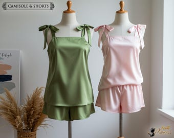 Cami Tie Knot and Shorts Satin Pj Sets Bridesmaids Gifts Satin Cami Tank and Shorts Bridal Sets Gift For Her Wedding Gifts