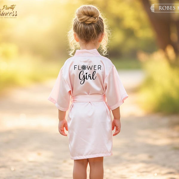 Personalized Kids Satin Robe Bridal Party, Gift For Her, Bridesmaid Party, Flower Girl Getting Ready Robe Custom Name Print Wedding Outfit.