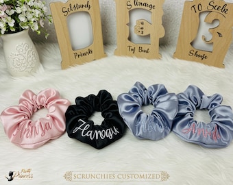 Personalized Satin Scrunches, Embroidery Scrunchies, Bridesmaid Gifts, Satin Scrunchies, Custom Name Satin Scrunchies, Custom Scrunchies