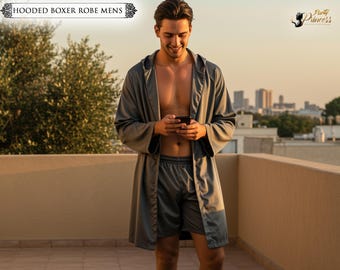 Custom Hooded Satin Robe for Men with Shorts | Personalized Name Groom Outfit, Bachelorette Party Gift, Men’s Lounge Set, Custom Logo Option