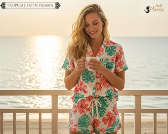 Tropical Print Short Pajamas Women Tropical Leaf Pajama Set Custom Tropical Pajamas Women Matching Pajamas Bridesmaid Pjs Gift for Her