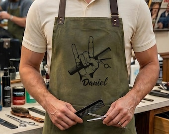 Personalized Barber Apron With Rock Hand, Custom Name Hair Stylist Apron, Edgy Barbershop Gift, Scissors Comb Work Apron