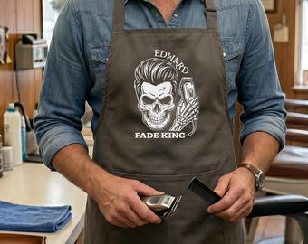 Personalized Fade King Barber Apron, Custom Name Skull Clipper Work Apron, Fade Haircut Gift For Barber And Hair Stylist