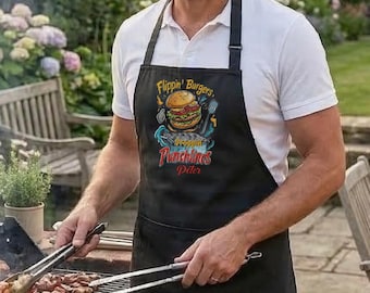 Dad BBQ Apron With Custom Name, Funny Grill Lover Gift, Fathers Day Cooking Apron For Backyard Cookouts