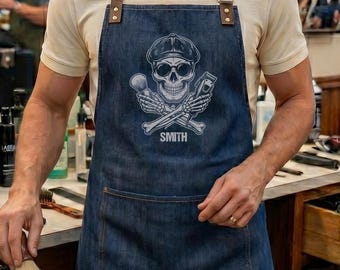 Rustic Vintage Barber Skull Apron, Custom Name Gentleman Barber Gift, Edgy Barbershop Work Apron, Retro Grooming Apron