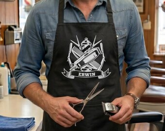 Custom Name Barber Tools Apron, Vintage Salon Workwear With Scissors Comb And Banner, Barber Gift For Men