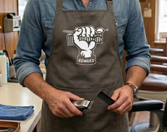 Personalized Barber Fist Apron, Custom Name Scissors And Comb Work Apron, Bold Barbershop Gift For Hair Stylist