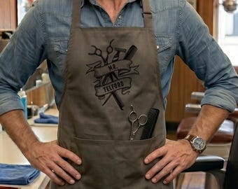 Personalized Barber Apron, Custom Name Barbershop Apron, Vintage Grooming Gift, Salon Work Apron for Barber or Stylist