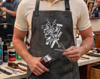 Custom Name Barber Crest Apron, Vintage Scissors Razor And Comb Workwear, Personalized Barbershop Badge Gift For Hair Stylist