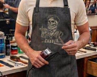 Personalized Vintage Barber Apron, Rustic Skull Barber Work Apron, Custom Gentleman Barber Gift, Retro Salon Workwear