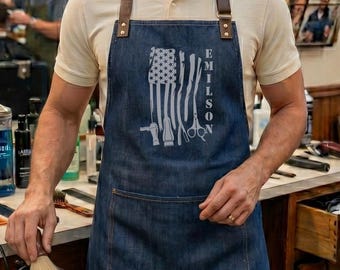 Custom Name Patriotic Barber Apron, American Flag Barber Tools Workwear, Personalized Salon Apron Gift For Hair Stylist