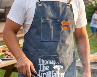 Personalized BBQ Apron For Dad, Custom Grill Master Apron, Fathers Day Grilling Gift, Canvas Cooking Apron With 4 Design Choices