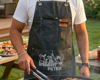 Personalized BBQ Apron For Dad, Custom Grill Master Apron, Fathers Day Grilling Gift, Canvas Cooking Apron For Husband, Backyard BBQ Gift