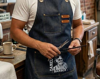 Personalized Barber Apron With Custom Name, Heavy Duty Canvas Barbershop Apron, Hair Stylist Gift, Salon Work Apron With Pockets