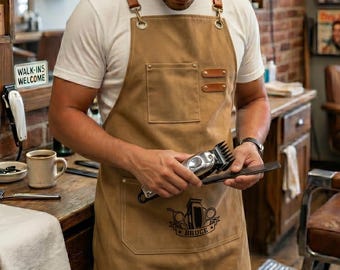 Custom Barber Apron For Men, Personalized Hair Stylist Canvas Apron With Pockets, Barbershop Gift With Name