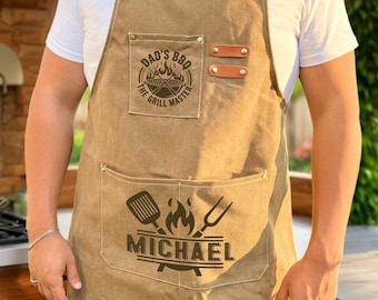 Dad BBQ Grill Master Apron, Personalized BBQ Apron with Name, Custom Grill Apron for Dad, Father's Day Gift for Dad, BBQ Cooking Apron