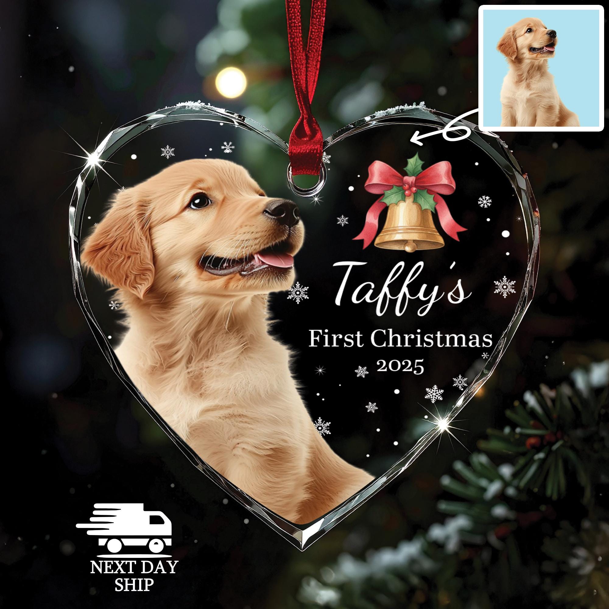 Dog First Christmas Ornament, Custom Photo Glass Ornament, Personalized Dog Keepsake 2025, Holiday Gift 2025, Dog Parents Or Dog Lovers Gift