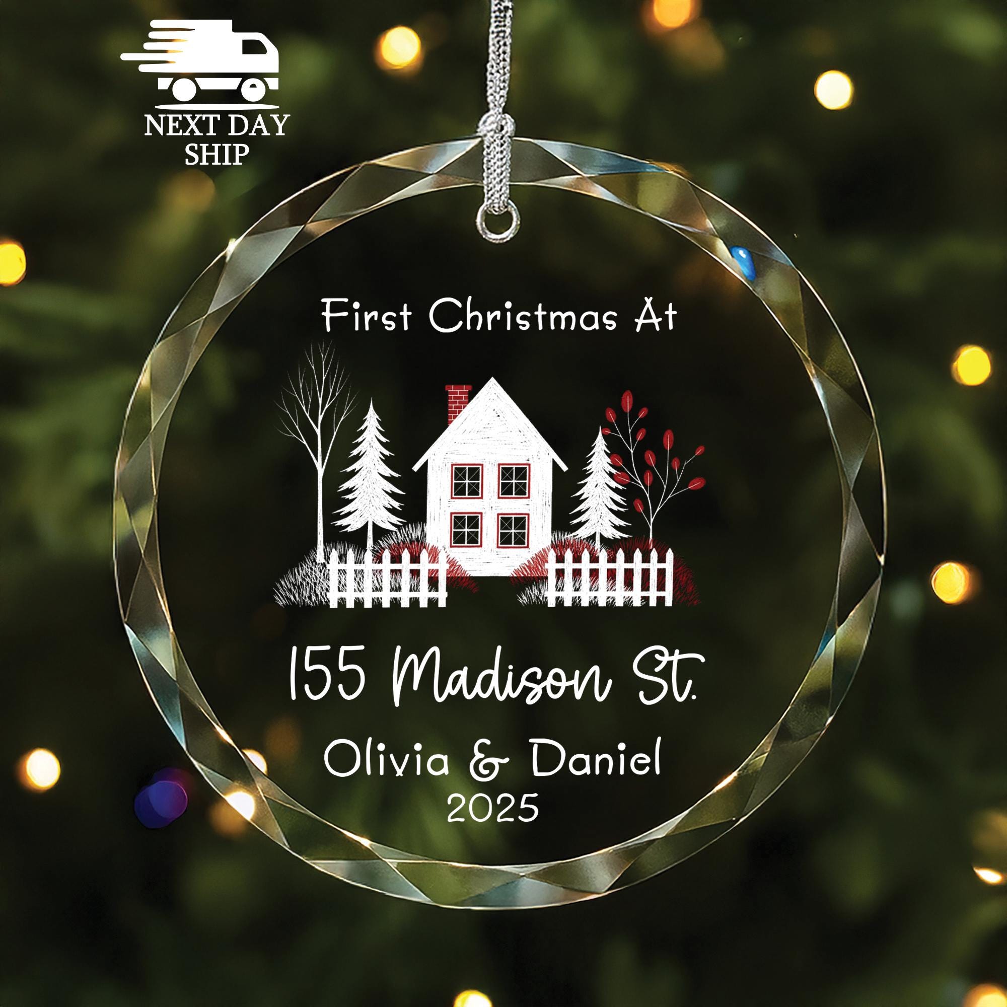 First Christmas at New Home Ornament, Personalized Address Ornament for Couple, Custom Glass House Ornament, Holiday Gift Keepsake 2025
