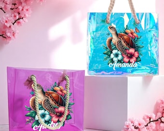 Personalized Sea Turtle Beach Tote Bag, Custom Name Summer Gift for Girls, Clear Tropical Pool Bag with Flowers, Vacation Tote for Her