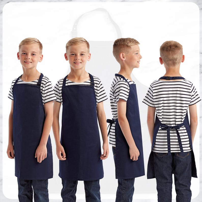 May include: Four images of a person wearing a navy blue apron over a striped shirt and jeans. The apron has a neck strap and waist ties. The shirt is white with horizontal black stripes. The person is standing in front of a white background.