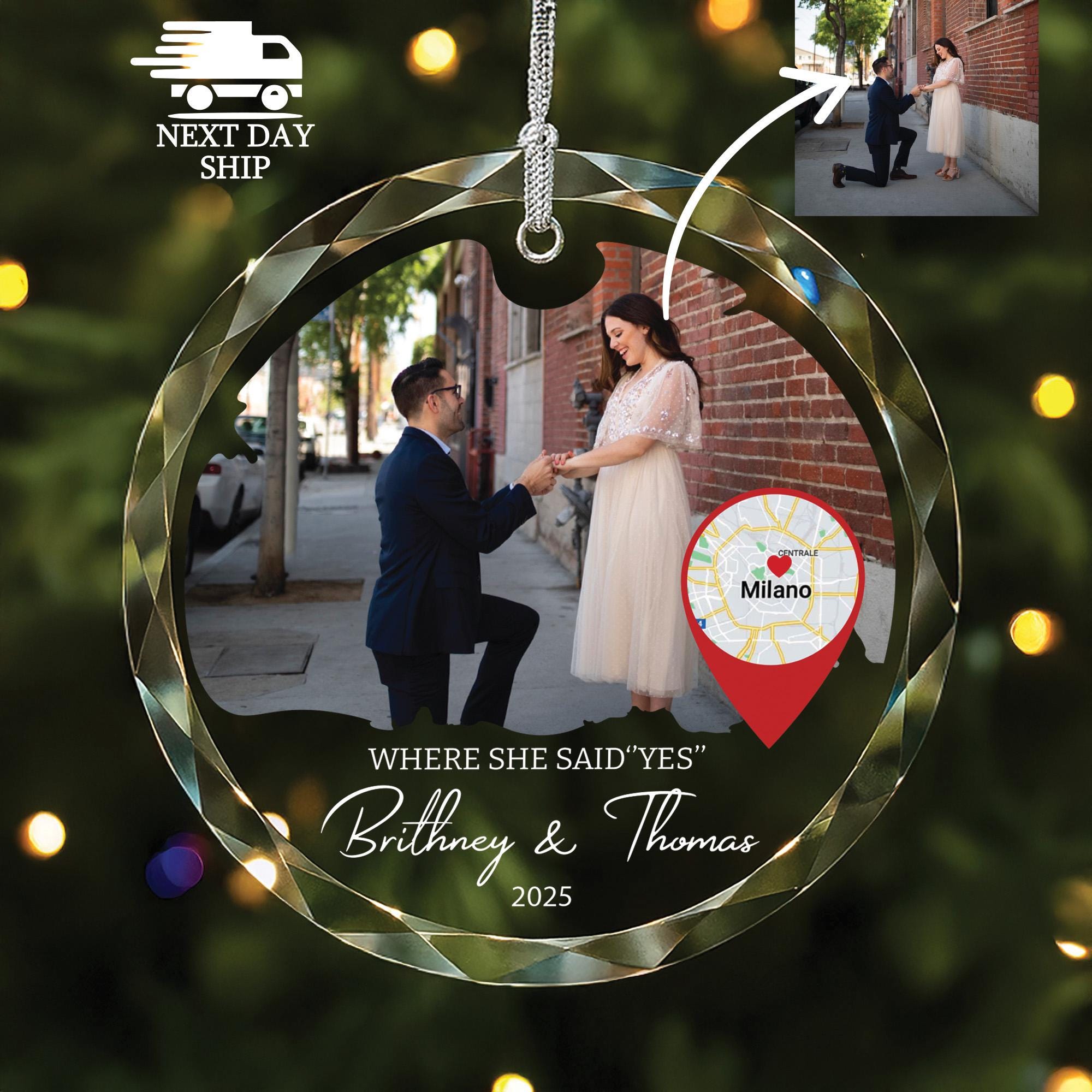 Custom She Said Yes Ornament With Couple Photo, Personalized Map Ornament, 2024 Christmas Engagement Gift Ideas, Gift For Girlfriend