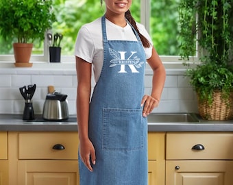 Dainty Monogram Name Apron, Personalized Initial Apron, Cute Aprons for Mom, Custom Cotton Poly Apron, Adjustable Strap Apron, Gift for Mom