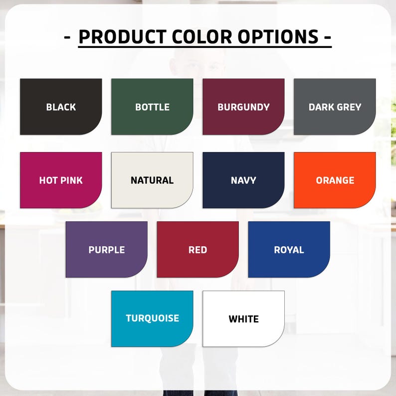 May include: Image displaying a color chart with the text "PRODUCT COLOR OPTIONS." The chart features rectangular color swatches labeled: Black, Bottle, Burgundy, Dark Grey, Hot Pink, Natural, Navy, Orange, Purple, Red, Royal, Turquoise, and White.