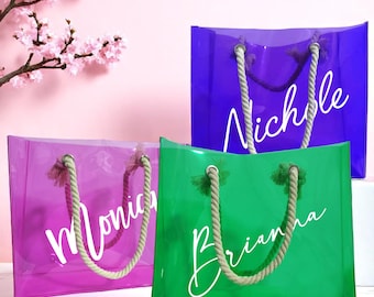 Custom PVC Tote with Name, Personalized Bridesmaid Gifts, Summer Transparent Tote with Rope Handles, Cute Beach Bag, Pool Party Favors