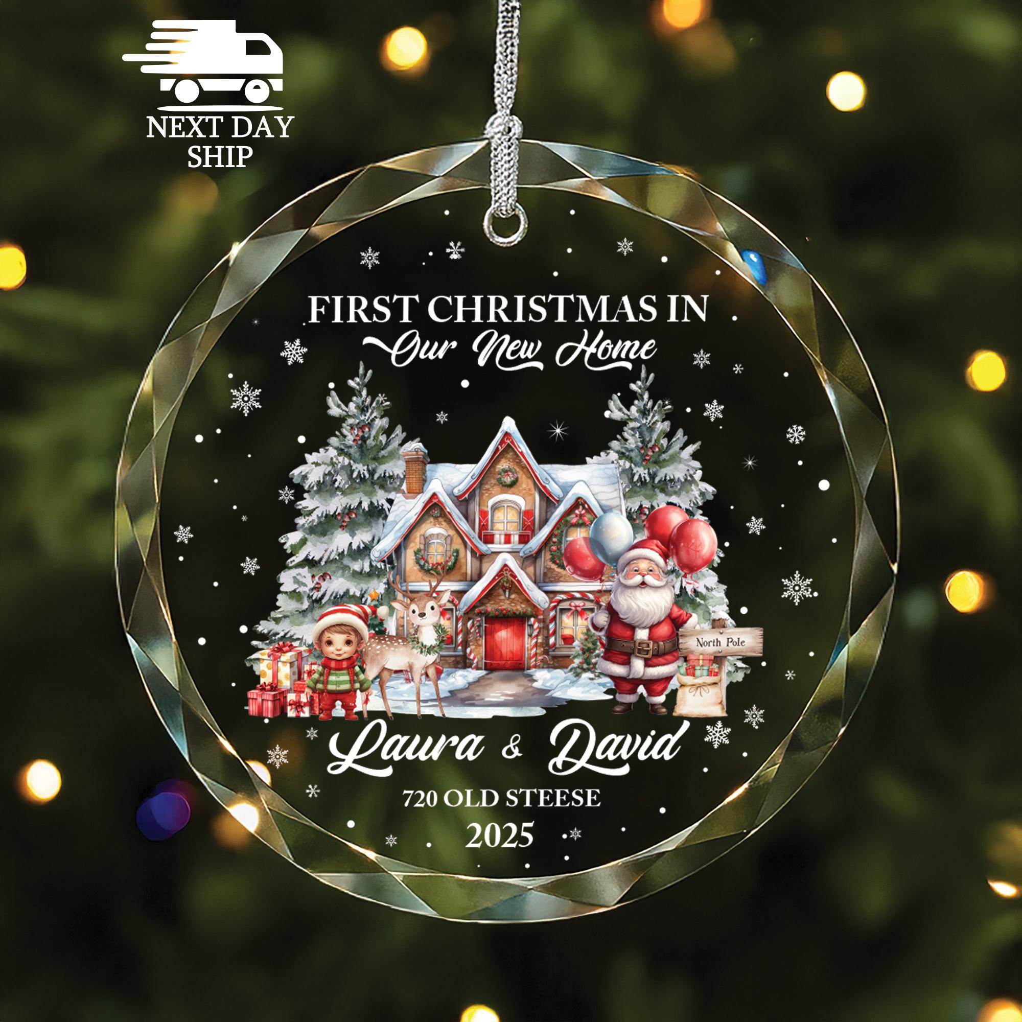 First Christmas in Our New Home Ornament, Personalized Glass Ornament with Names And Address, New Home Gift for Couples, Gift for Homeowners