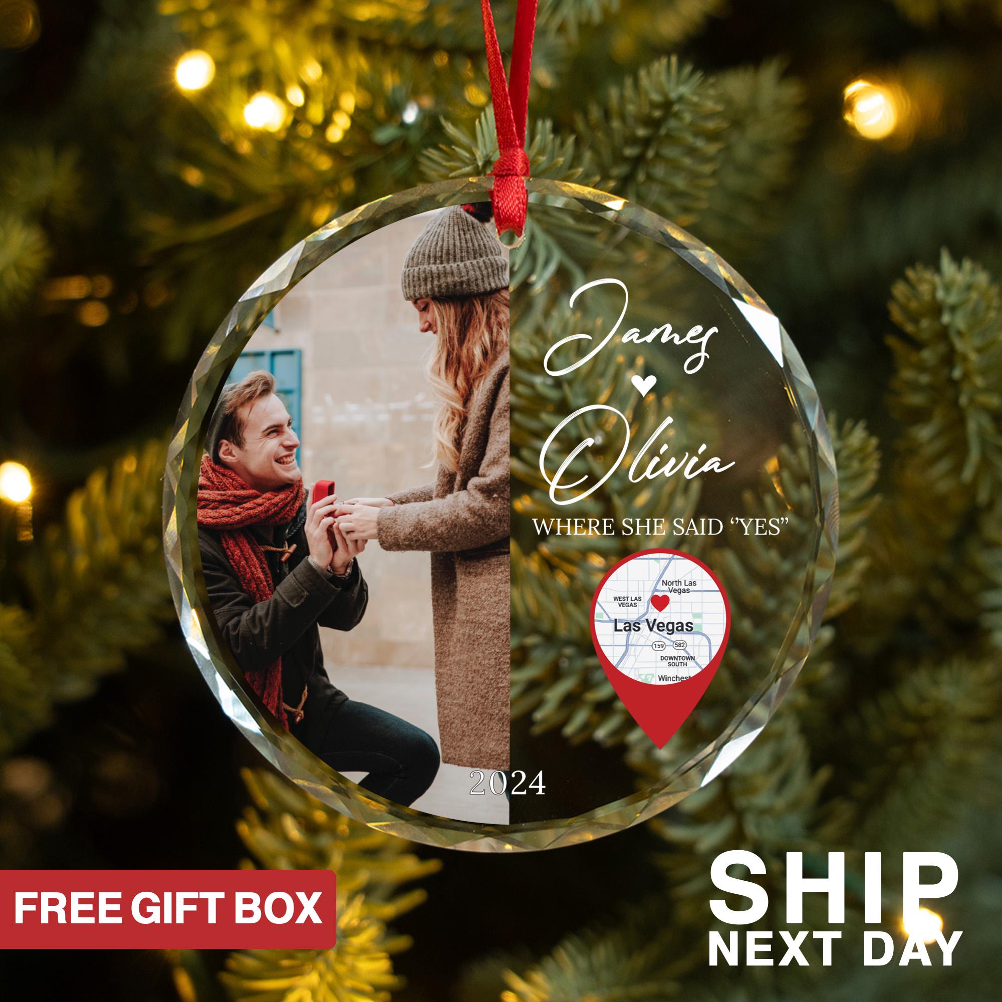 Where She Said Yes Ornament, Custom Couple Photo Ornament, Personalized Anniversary Picture Ornament, Map Ornament, Holiday Gift For Wife