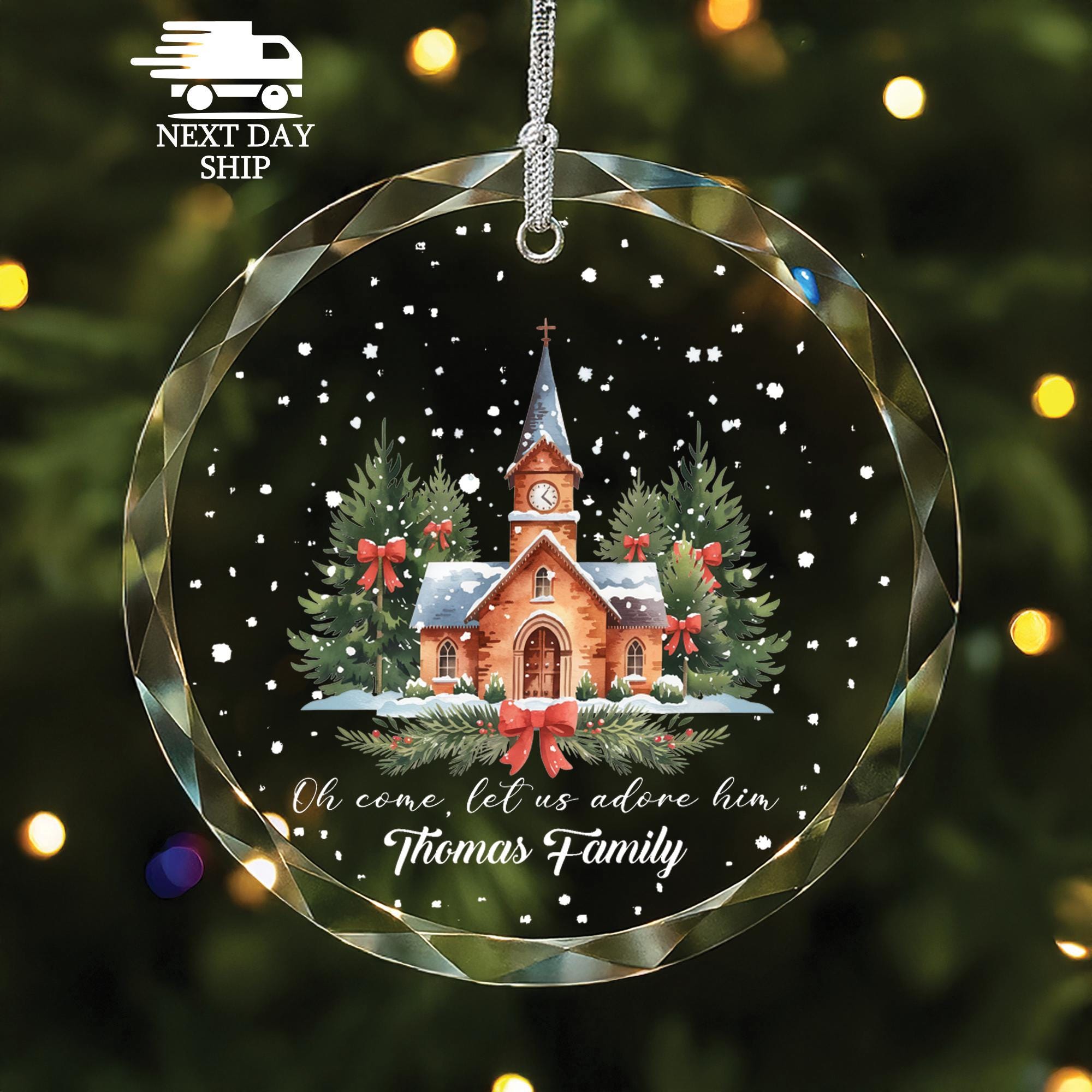 Oh Come Let Us Adore Him, Custom Glass Church Ornament, Family Name Glass Keepsake, Christmas Decoration, Christian Gift, Personalized Gift