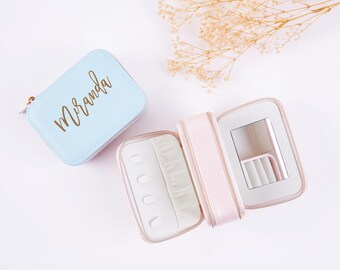 Custom Name Vegan Leather Jewelry Boxes with Mirror, Pink And Blue Jewelry Case, Personalized Bridesmaid Gifts, Zipper Jewelry Storage