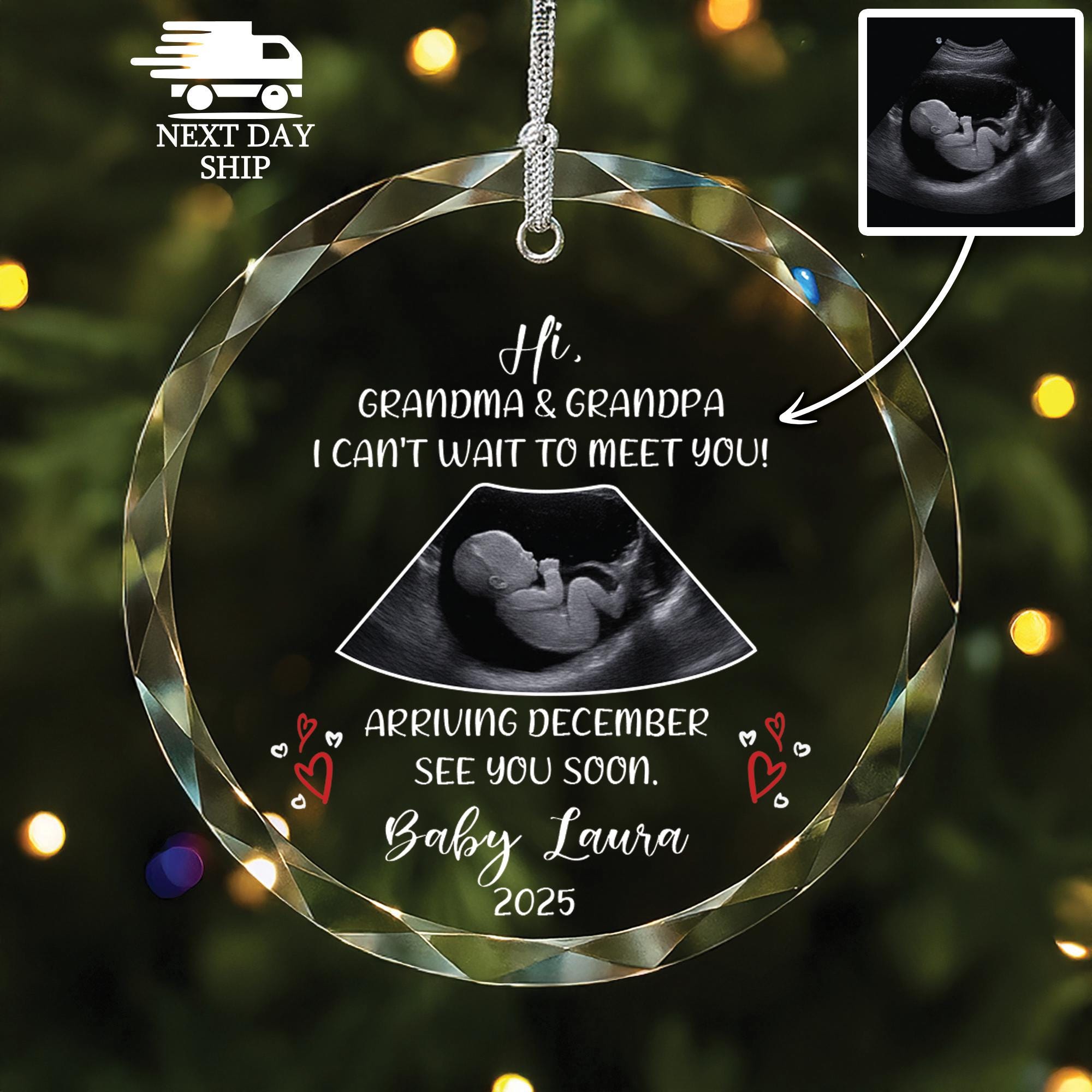 Custom Baby Announcement Ornament, Pregnancy Reveal Gift for Grandparents, Ultrasound Photo Glass Keepsake, Baby Coming Soon 2025