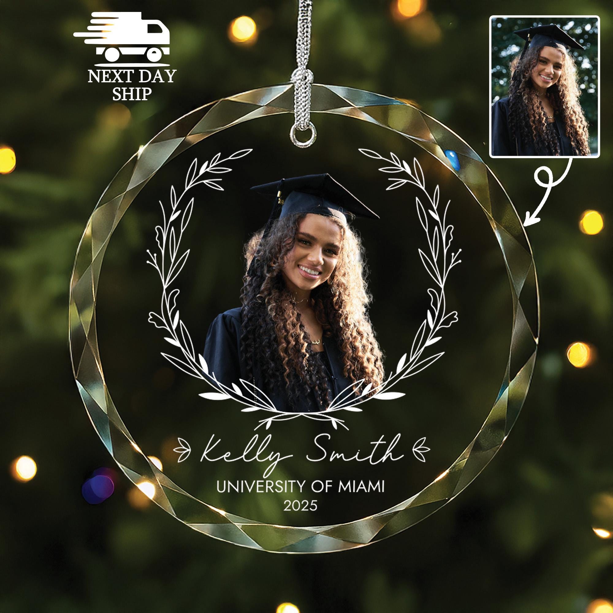 Graduation Photo Ornament, Personalized Glass Ornament with Name, Class of 2026, Gift for Student, High School or College Keepsake Gift