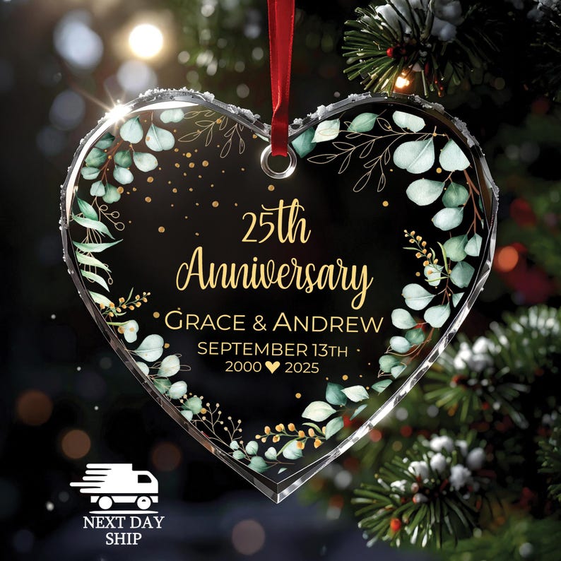 Customized Anniversary Ornament, Custom Glass Ornament, Gift for Parent, Grandparent Ornament, Personalized Couple Ornament Glass Heart