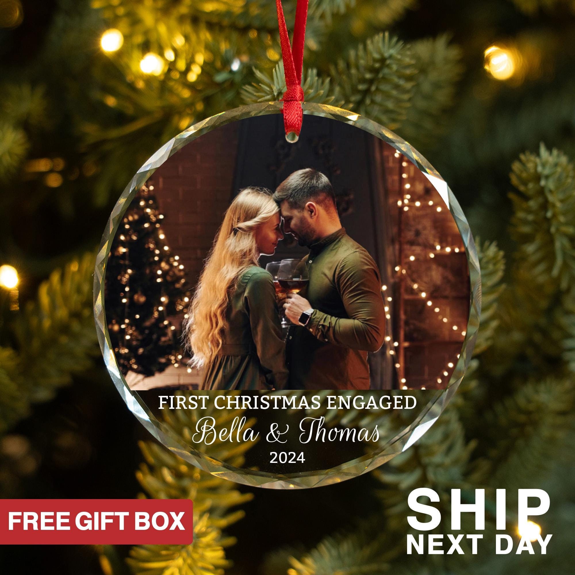 Personalized First Christmas As Engaged Ornament, Custom Couple Name Ornament, Couples Photo Gifts, Christmas Fiancé Gifts, Gift For Her