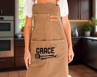 Personalized Grill Chef Apron, Canvas Name Apron, Custom Adjustable Apron, Unisex Hobby Apron, Utility Apron with Pocket, Birthday Gifts