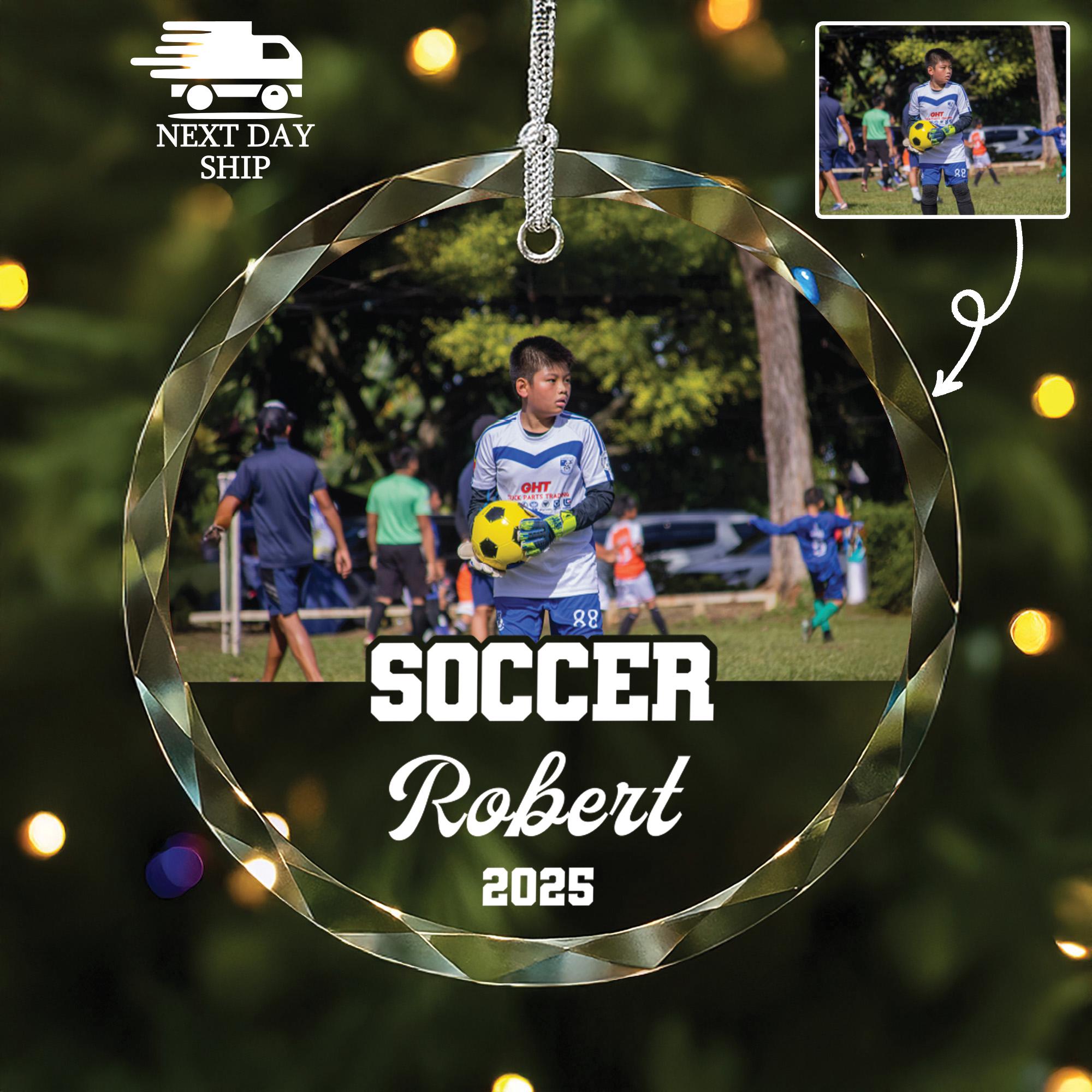 Soccer Ornament 2025, Custom Photo Glass Ornament with Name, Sports Player Gift, Boy Soccer Keepsake, Xmas Tree Decoration, Gift For Him